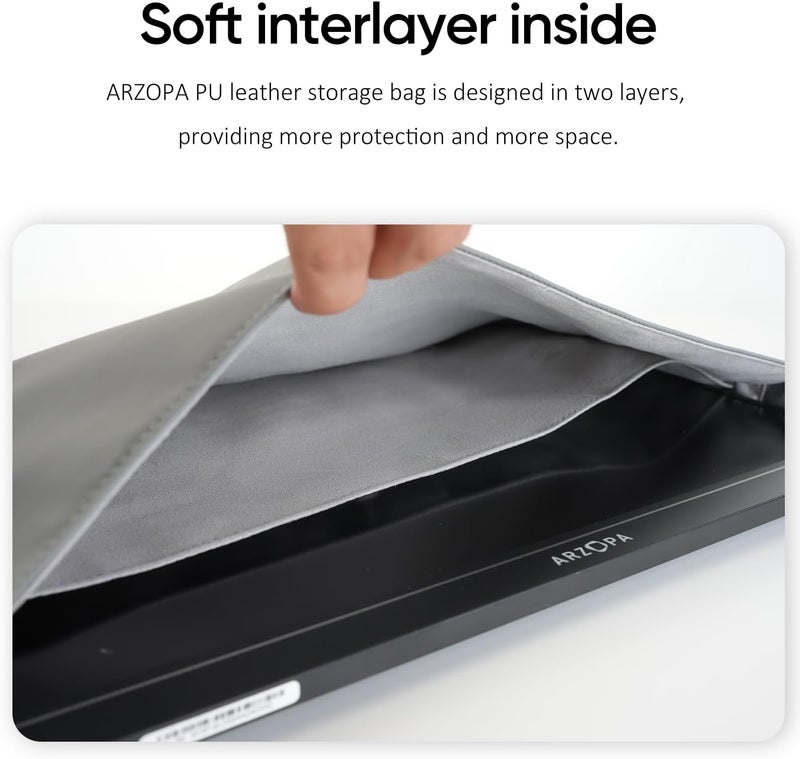 ARZOPA 17.3" Portable Monitor Sleeve Bag, PU Leather Laptop Case for Travel, Grey - Image 4